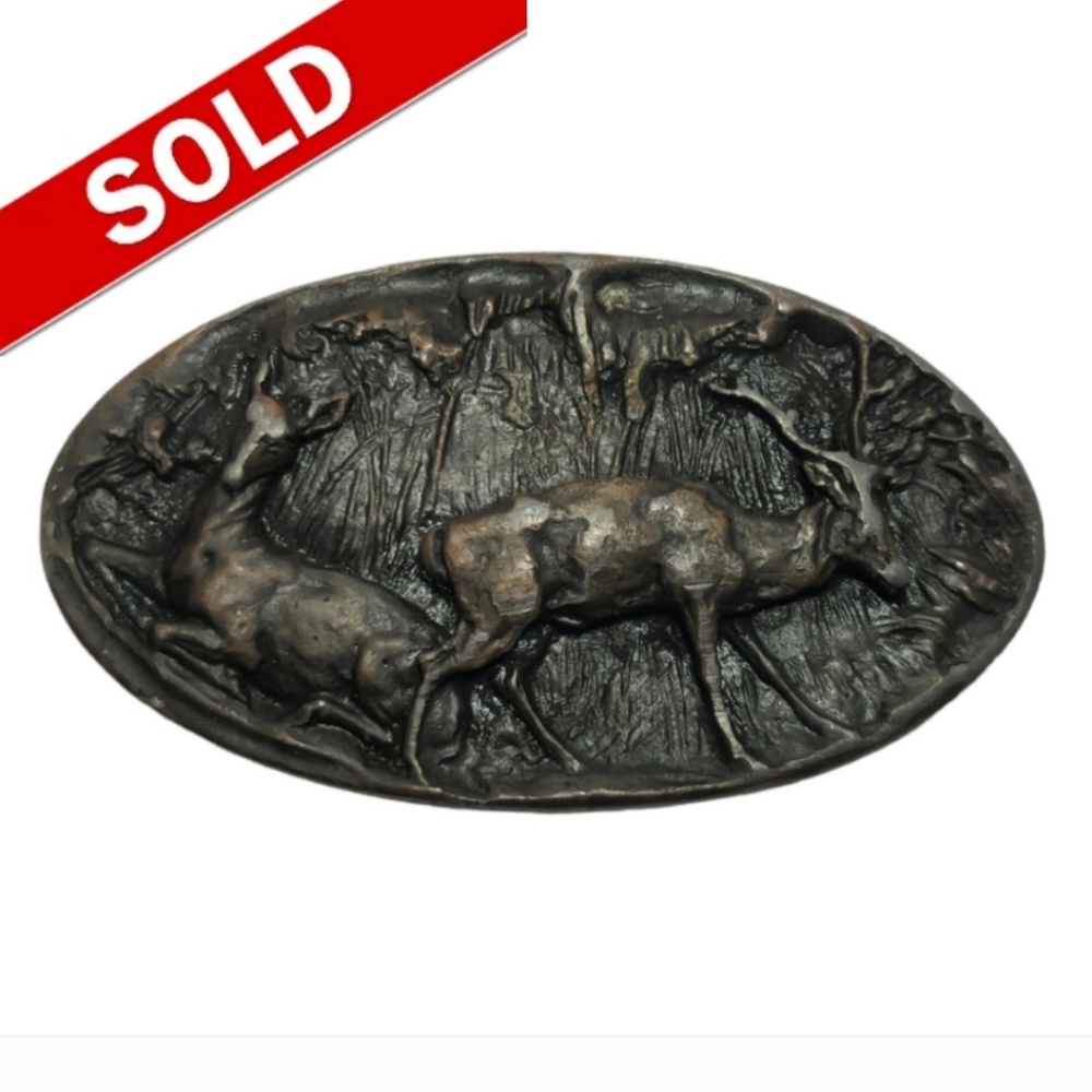 Vintage 70s Solid Brass Deer/Elk Emblem Belt Buckle